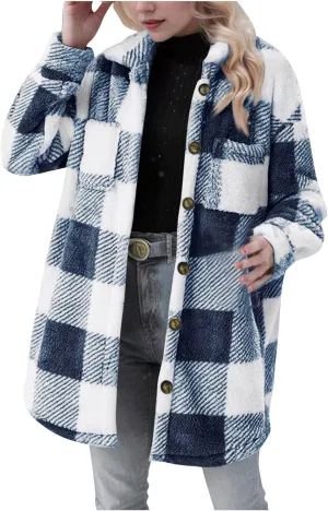 Womens Flannel Shacket Jacket Casual Sherpa Plaid Long Sleeve Shirt Trendy Oversized Coats Fall Clothes Winter Outfit