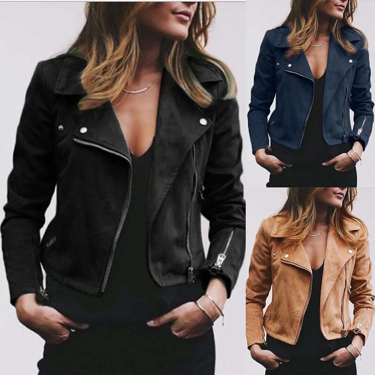 Womens Leather Jacket 2023 Fashion Faux Suede Biker Jackets Fall Zip Up Pu Motorcycle Slim Fit Coats with Pockets