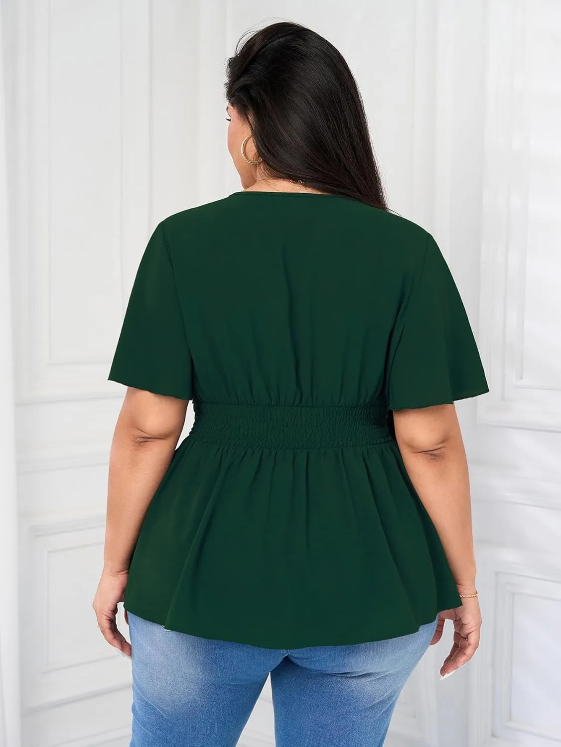 Women's Plus Size Peplum Tops V Neck Wrap Short Sleeve Summer Loose Blouses Shirts
