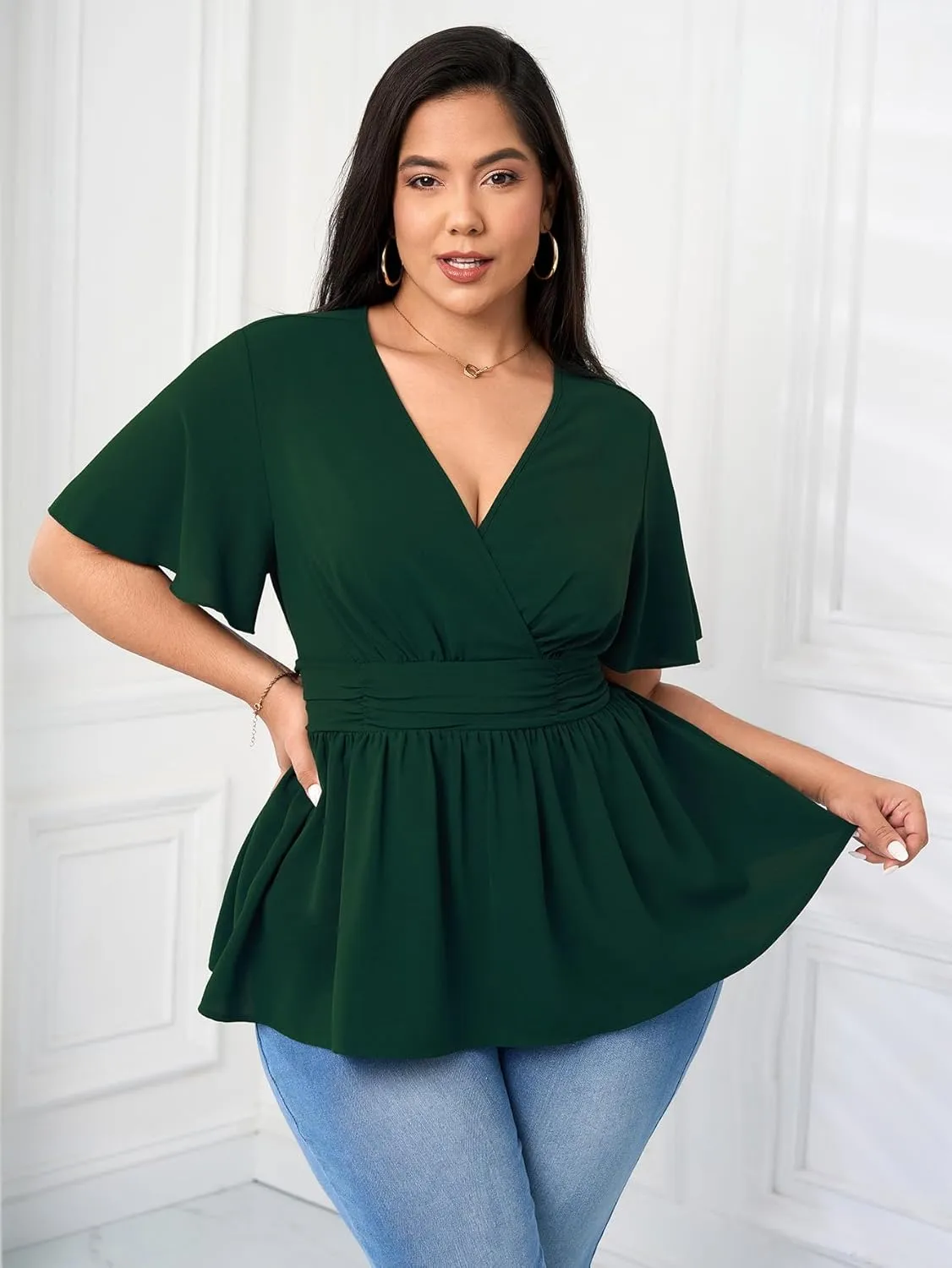 Women's Plus Size Peplum Tops V Neck Wrap Short Sleeve Summer Loose Blouses Shirts