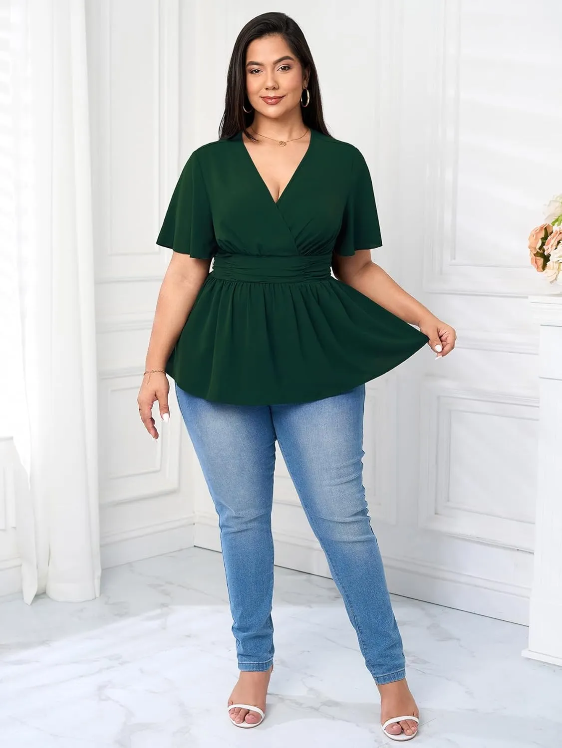 Women's Plus Size Peplum Tops V Neck Wrap Short Sleeve Summer Loose Blouses Shirts
