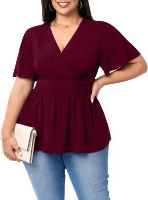 Women's Plus Size Peplum Tops V Neck Wrap Short Sleeve Summer Loose Blouses Shirts