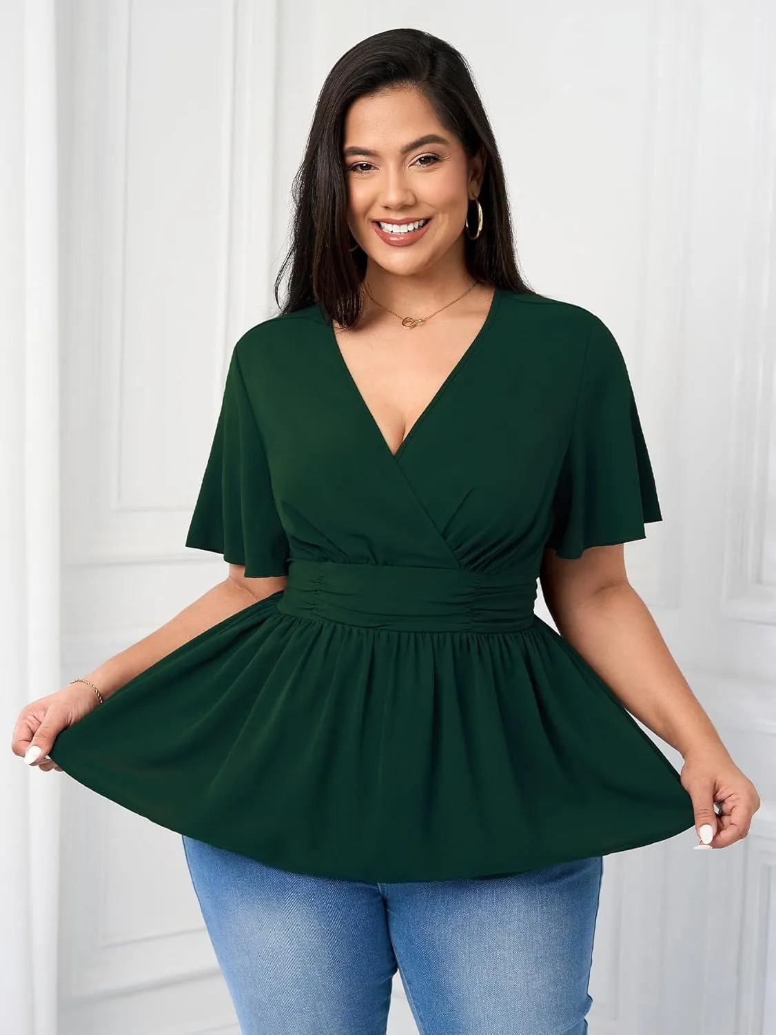 Women's Plus Size Peplum Tops V Neck Wrap Short Sleeve Summer Loose Blouses Shirts