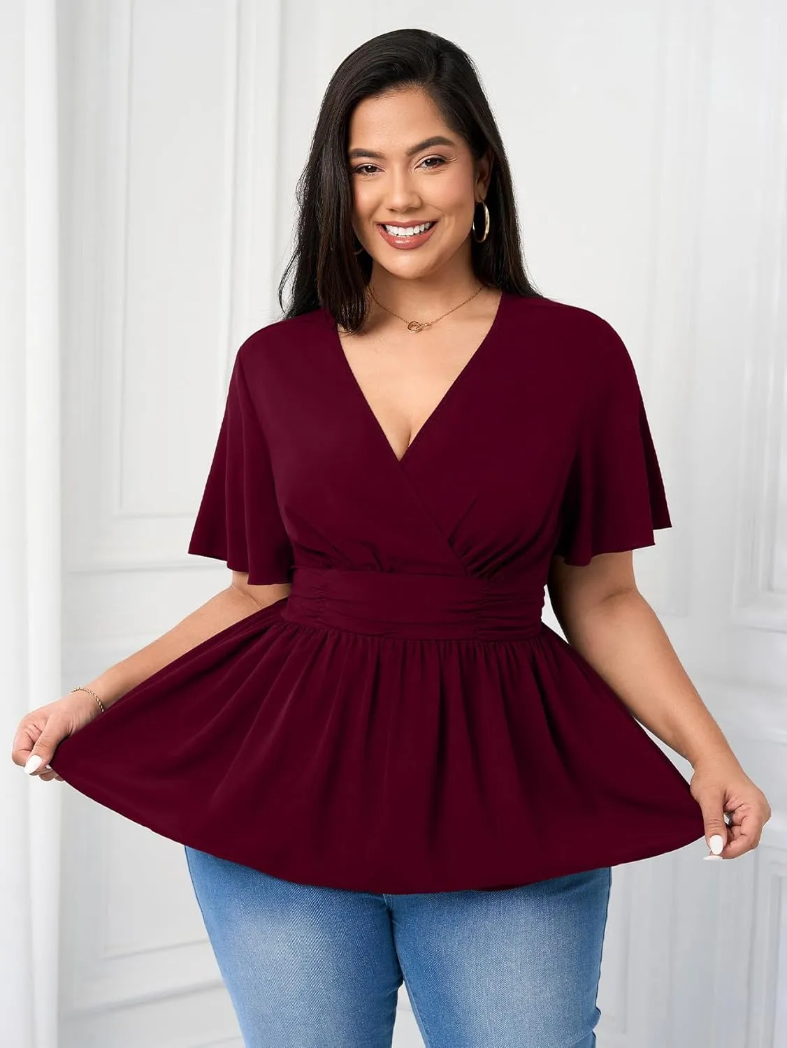 Women's Plus Size Peplum Tops V Neck Wrap Short Sleeve Summer Loose Blouses Shirts