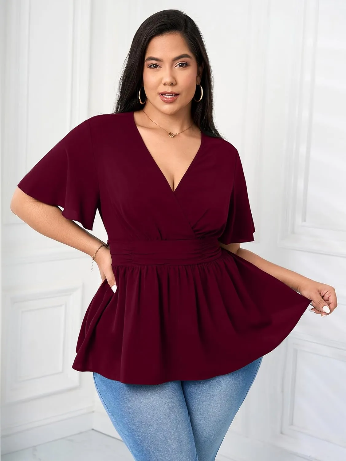 Women's Plus Size Peplum Tops V Neck Wrap Short Sleeve Summer Loose Blouses Shirts