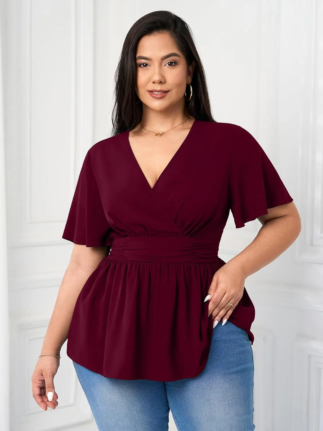 Women's Plus Size Peplum Tops V Neck Wrap Short Sleeve Summer Loose Blouses Shirts