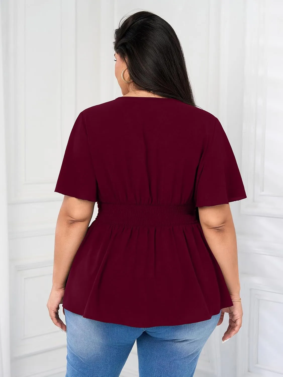 Women's Plus Size Peplum Tops V Neck Wrap Short Sleeve Summer Loose Blouses Shirts