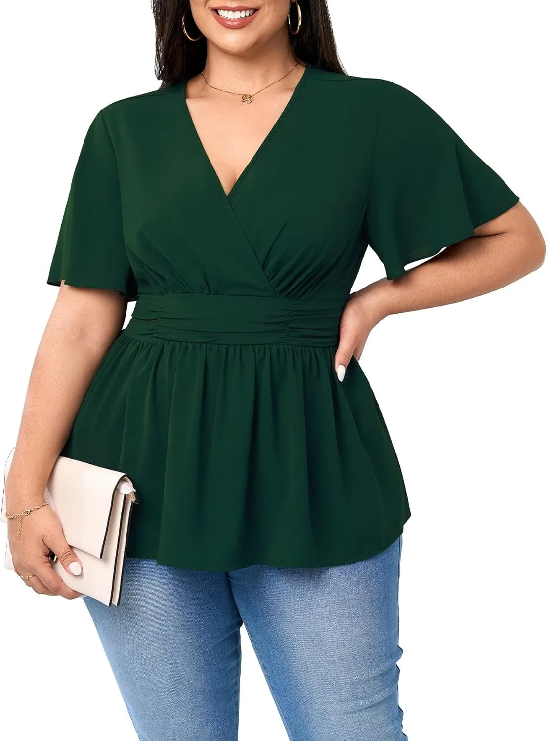 Women's Plus Size Peplum Tops V Neck Wrap Short Sleeve Summer Loose Blouses Shirts