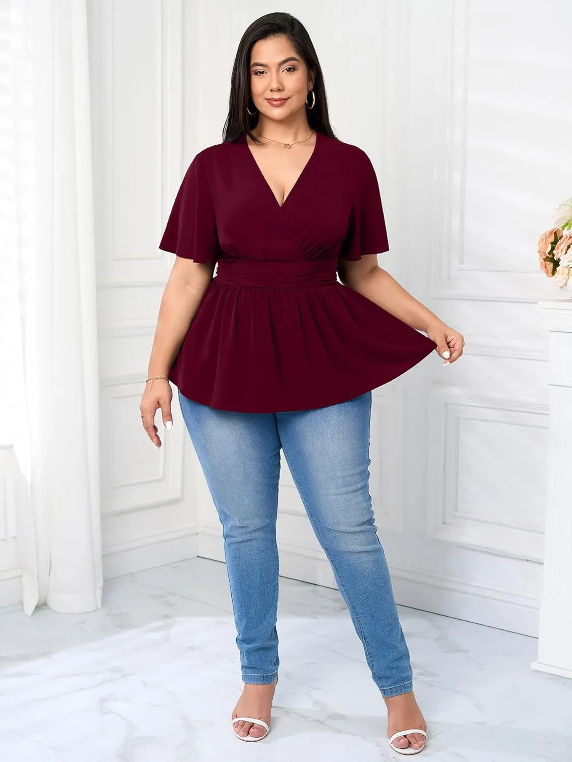 Women's Plus Size Peplum Tops V Neck Wrap Short Sleeve Summer Loose Blouses Shirts
