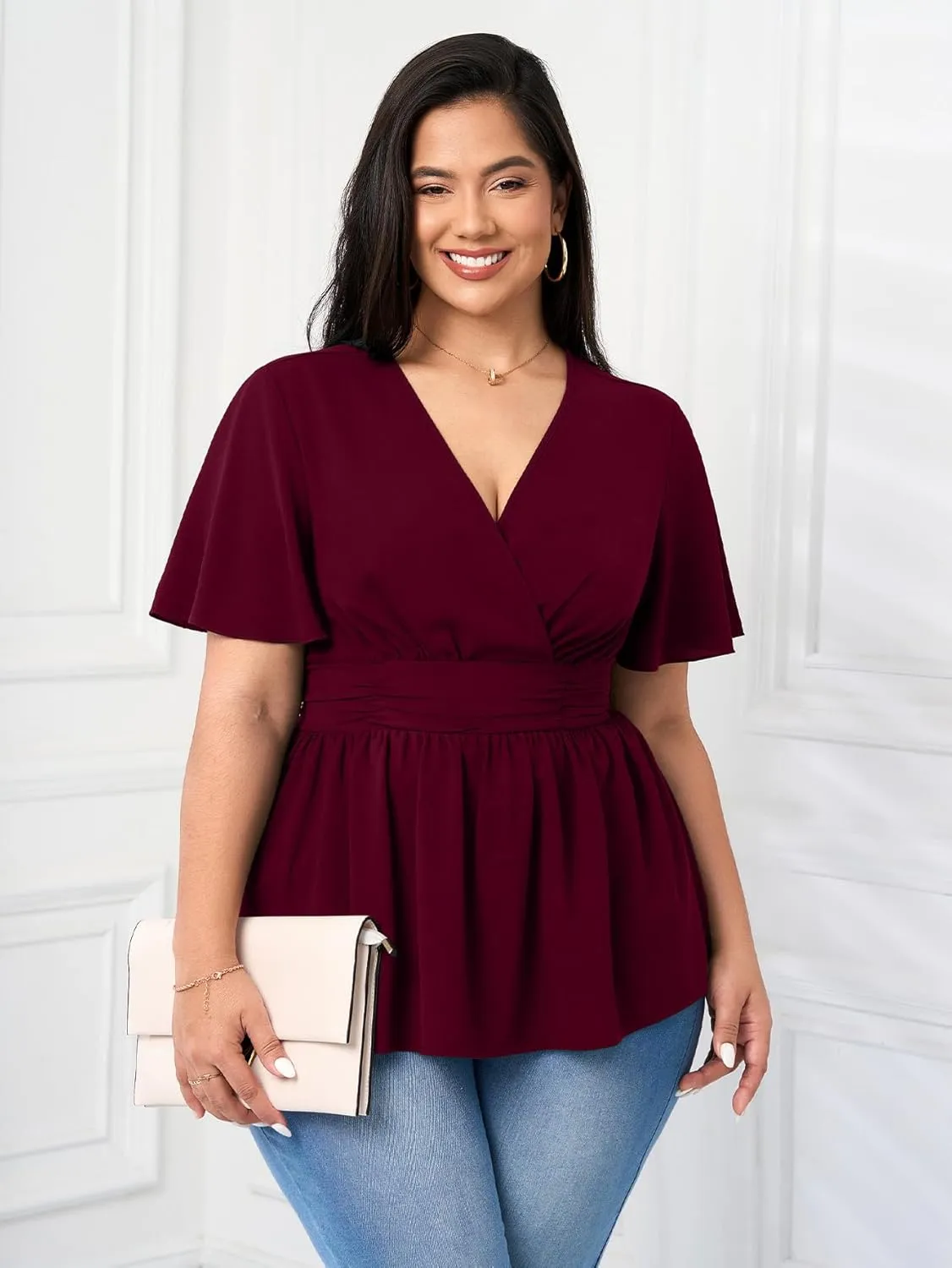 Women's Plus Size Peplum Tops V Neck Wrap Short Sleeve Summer Loose Blouses Shirts