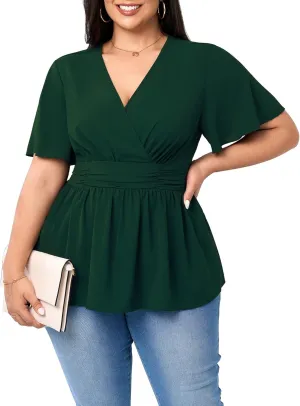 Women's Plus Size Peplum Tops V Neck Wrap Short Sleeve Summer Loose Blouses Shirts