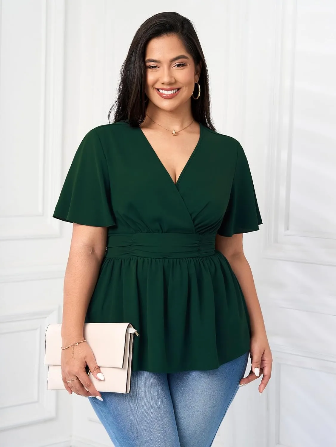 Women's Plus Size Peplum Tops V Neck Wrap Short Sleeve Summer Loose Blouses Shirts
