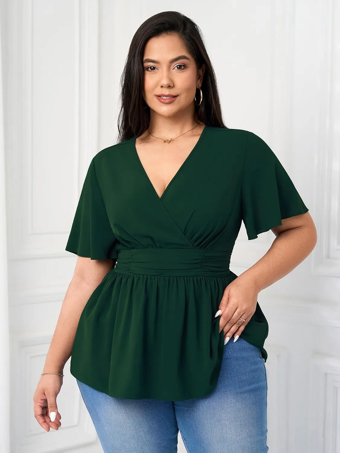 Women's Plus Size Peplum Tops V Neck Wrap Short Sleeve Summer Loose Blouses Shirts