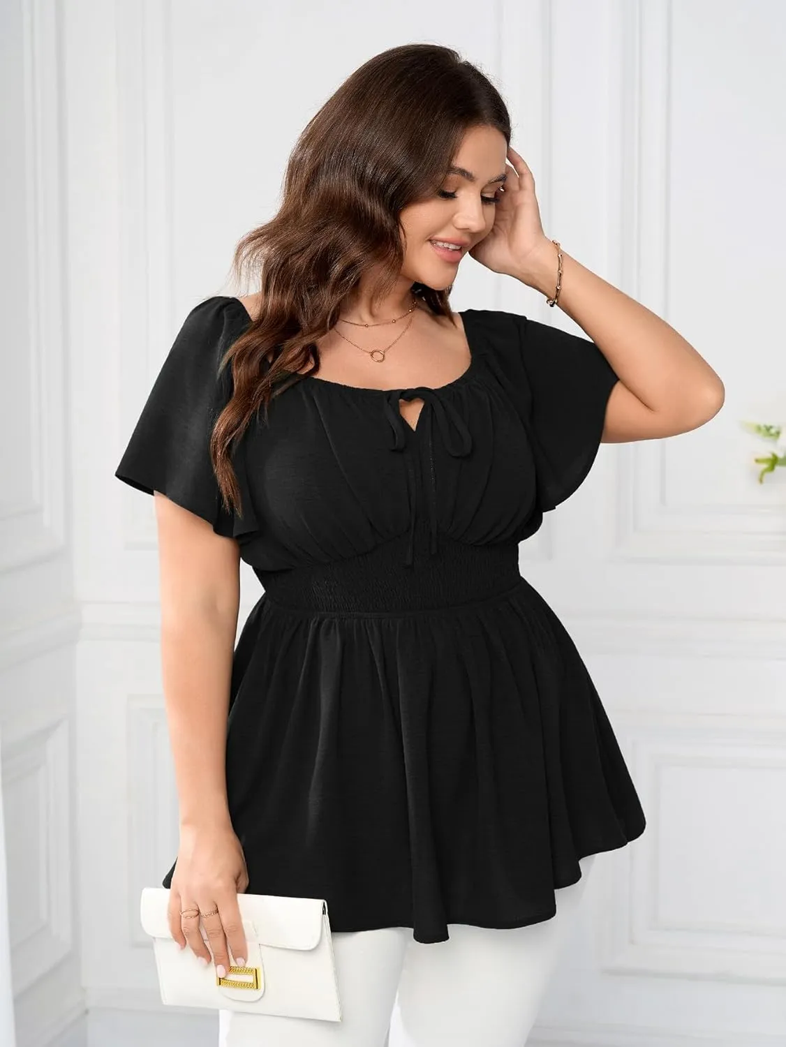Women's Plus Size Tops Square Neck Peplum Blouses Short Sleeve Smocked Babydoll Top