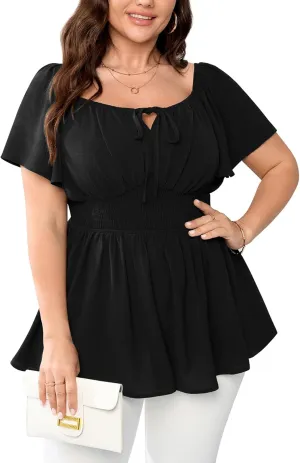 Women's Plus Size Tops Square Neck Peplum Blouses Short Sleeve Smocked Babydoll Top