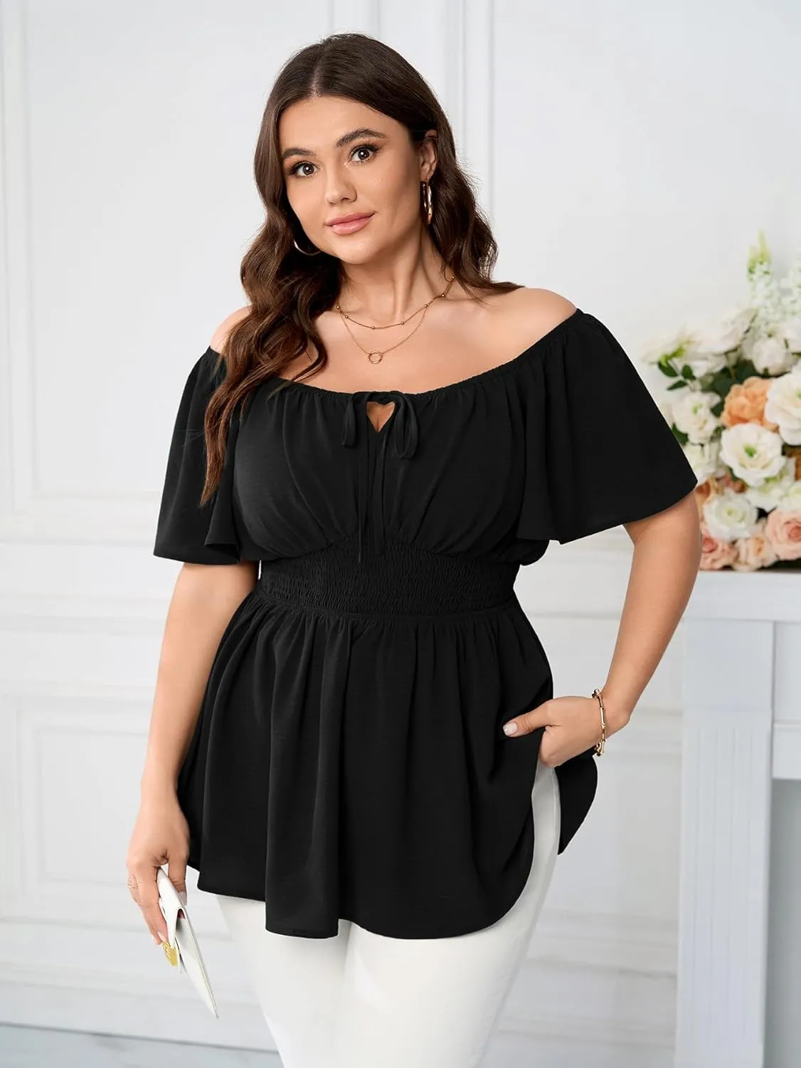 Women's Plus Size Tops Square Neck Peplum Blouses Short Sleeve Smocked Babydoll Top
