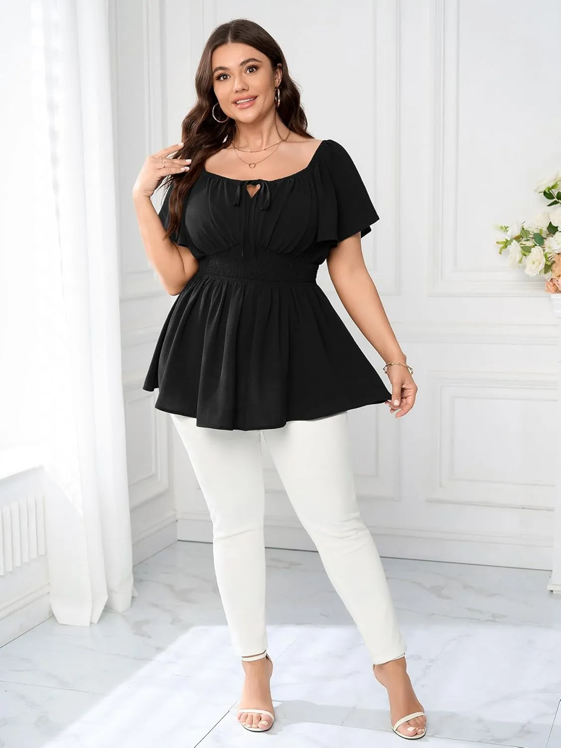 Women's Plus Size Tops Square Neck Peplum Blouses Short Sleeve Smocked Babydoll Top