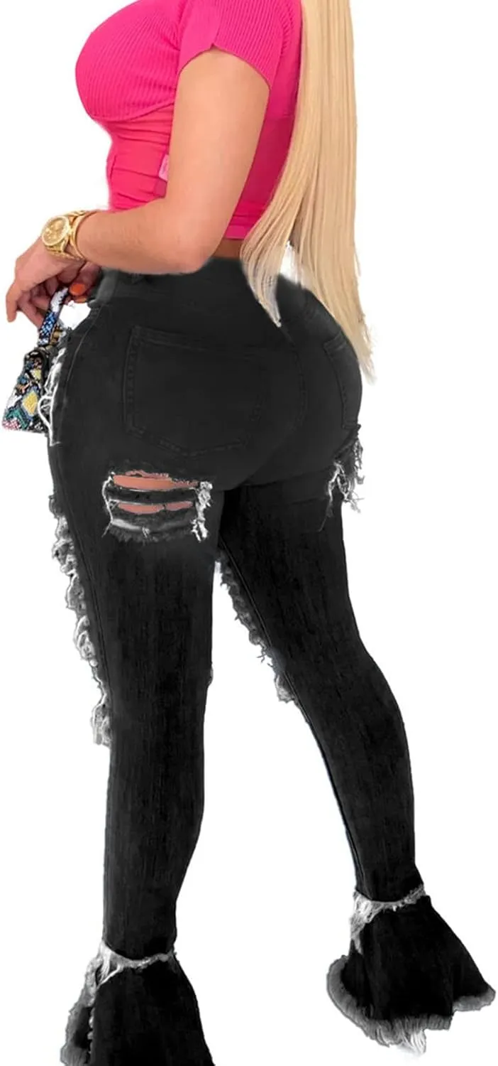 Women's Ripped Burning Flower Street Flared Jeans Bottom Destroyed Raw Hem Denim Pants High Waist Bell Hold Jeans