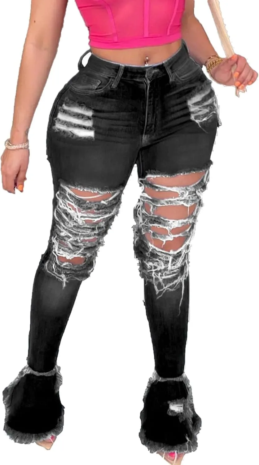 Women's Ripped Burning Flower Street Flared Jeans Bottom Destroyed Raw Hem Denim Pants High Waist Bell Hold Jeans