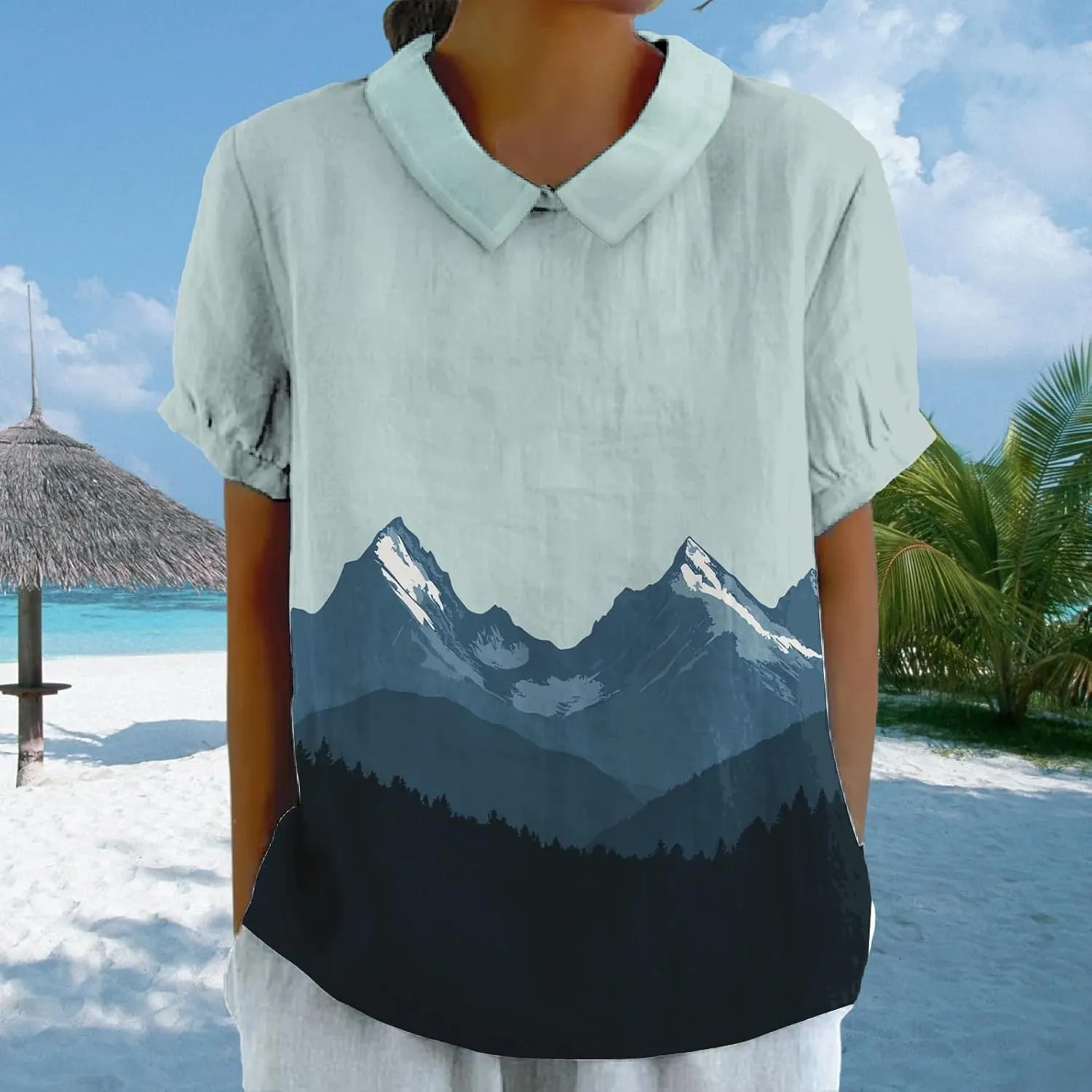 Women's Summer Short Sleeve T-Shirts Natural Landscape Printed Shirt Collared Neck Casual Light Blouses