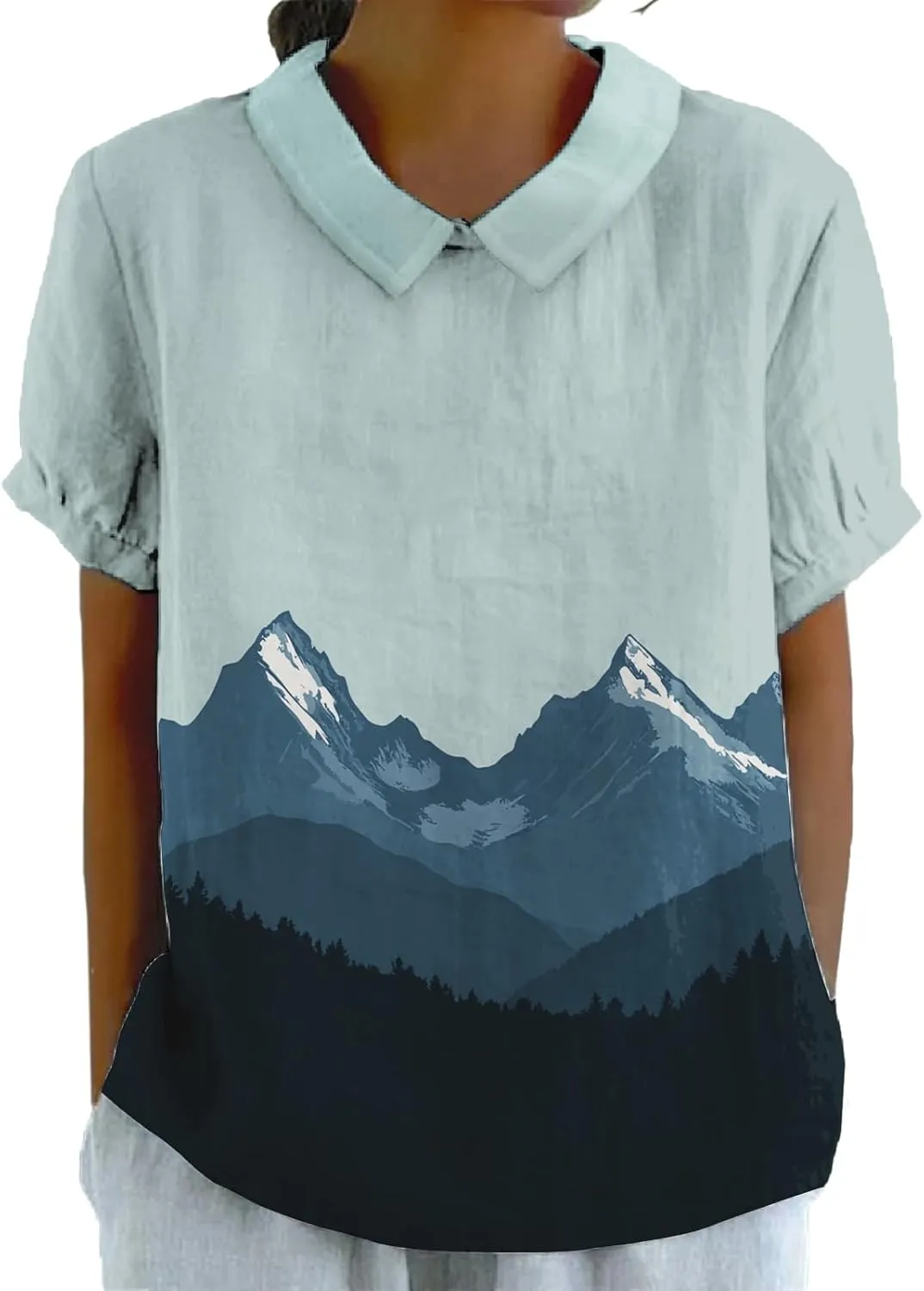 Women's Summer Short Sleeve T-Shirts Natural Landscape Printed Shirt Collared Neck Casual Light Blouses