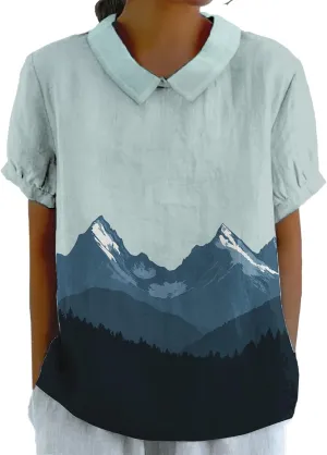Women's Summer Short Sleeve T-Shirts Natural Landscape Printed Shirt Collared Neck Casual Light Blouses