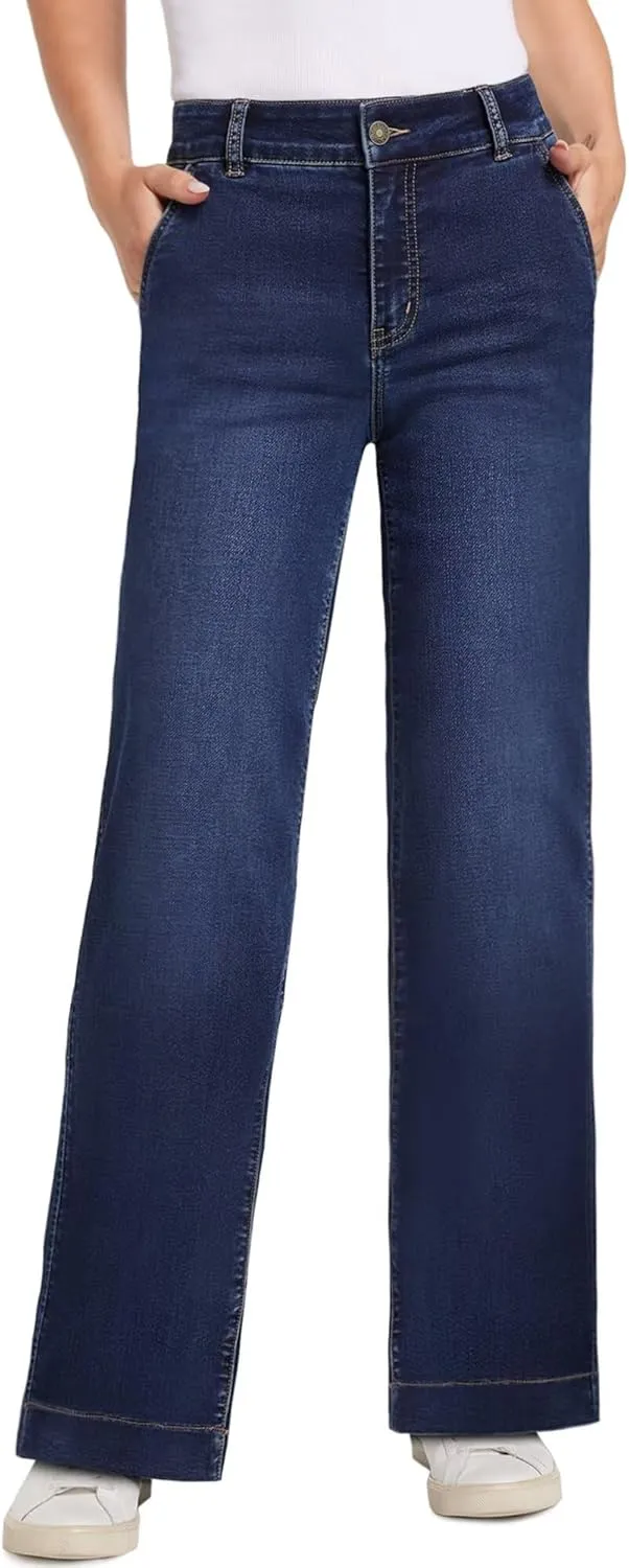 Womens Wide Leg Jeans - Deep Front Pockets High Waisted Jeans, Stretchy Baggy Straight Leg Jean for Women