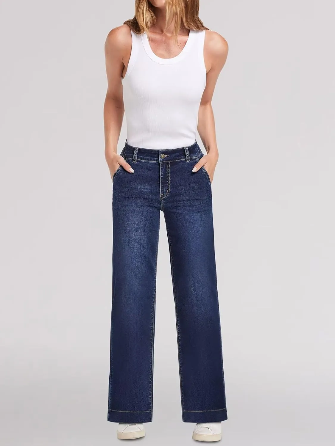 Womens Wide Leg Jeans - Deep Front Pockets High Waisted Jeans, Stretchy Baggy Straight Leg Jean for Women