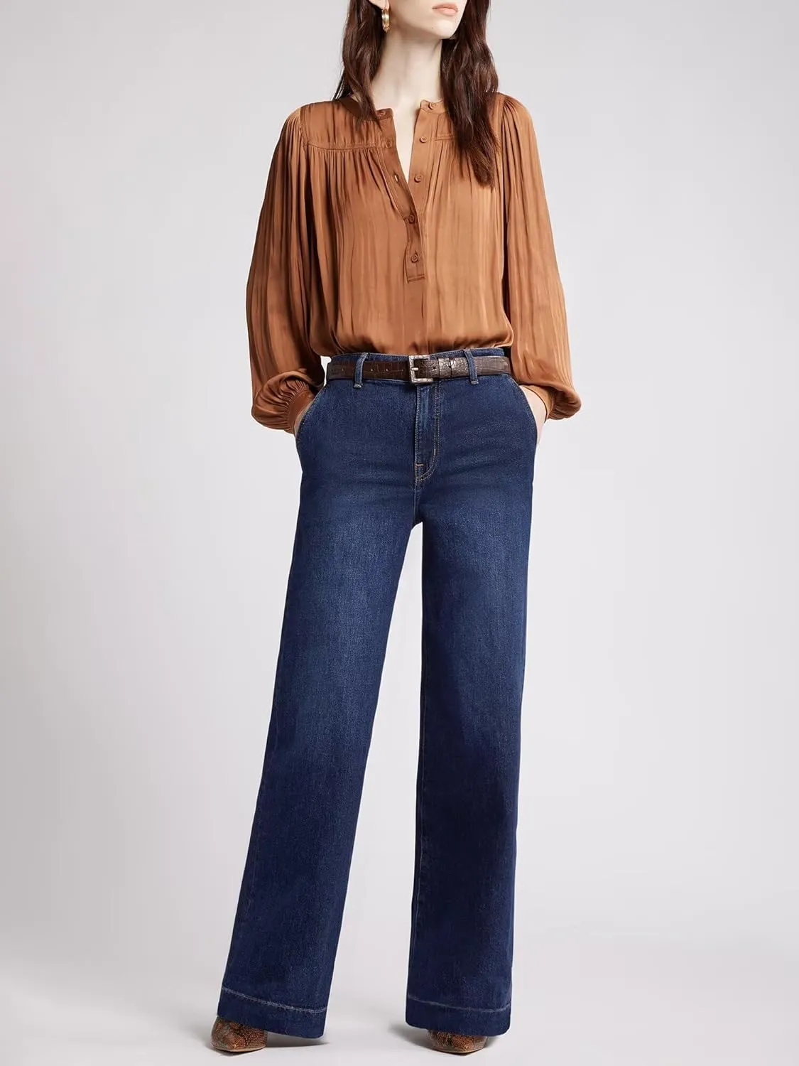 Womens Wide Leg Jeans - Deep Front Pockets High Waisted Jeans, Stretchy Baggy Straight Leg Jean for Women