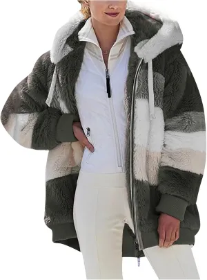 Womens Winter Jacket Plus Size Color Block Full Zip Fleece Jackets Long Sleeve Hooded Coats with Pockets Outdoor