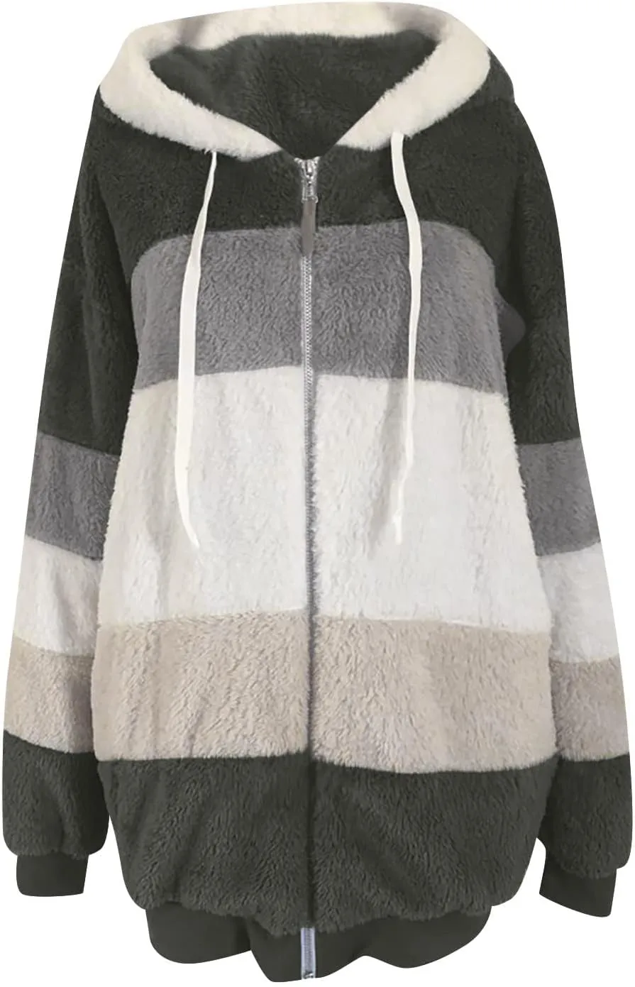 Womens Winter Jacket Plus Size Color Block Full Zip Fleece Jackets Long Sleeve Hooded Coats with Pockets Outdoor